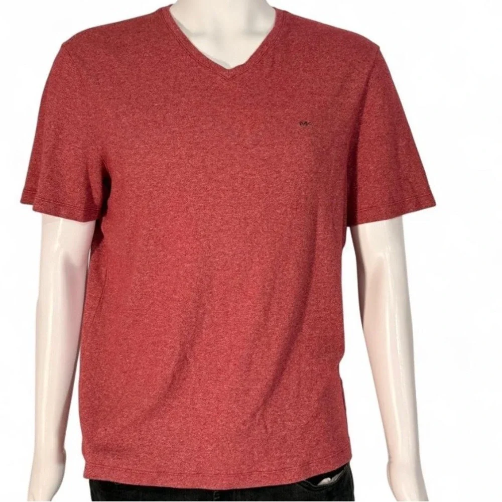 Michael Kors Mens V-Neck T-Shirt Heather Red Marl Short Sleeve Cotton Logo Large - Picture 1 of 5